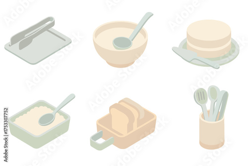 Buffet Utensils Icons. Isometric vector illustration set Buffet Serving Utensils: metal tongs resting on tray, soup ladle in bowl,