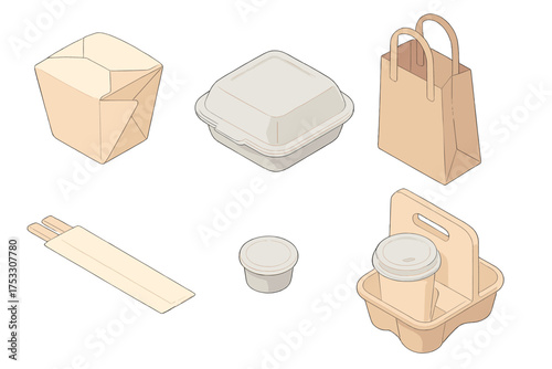 Takeout Packaging Icons. Isometric vector illustration set Takeout Packaging Essentials: folded paper takeout box, plastic