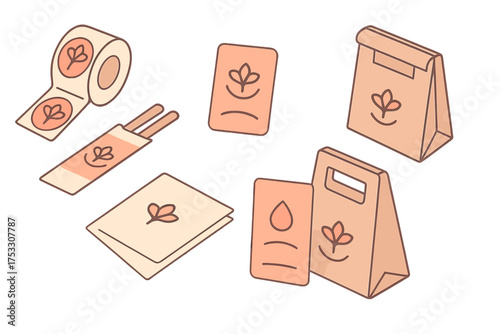 Restaurant Branding Elements. Isometric vector illustration set Restaurant Takeout Branding: custom logo sticker roll, chopstick