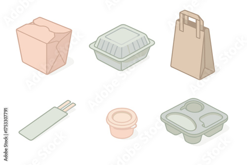Takeout Packaging Icons. Isometric vector illustration set Takeout Packaging Essentials: folded paper takeout box, plastic