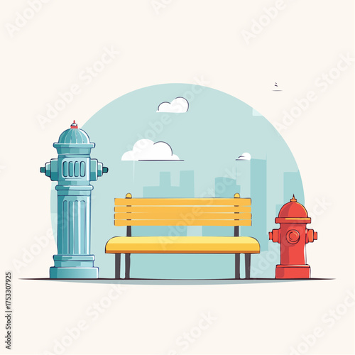 Illustration of a park bench flanked by a blue and red fire hydrant, with cityscape background.