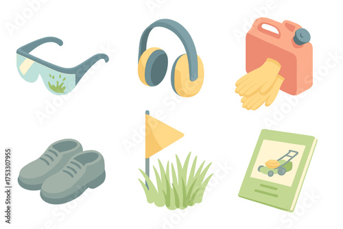 Lawn Care Safety Essentials. Isometric vector illustration set Lawn Care Safety Items: safety glasses with grass stains, ear