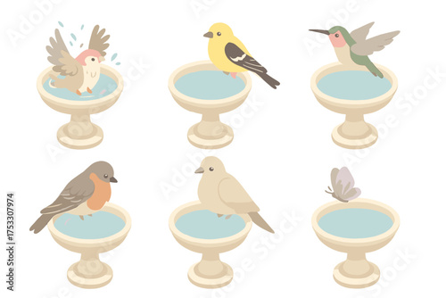 Garden Birdbath Visitors. Isometric vector illustration set Garden Visitors to Birdbath: sparrow splashing in bowl, finch waiting