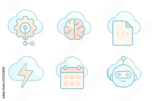 Cloud Automation Icons. Isometric vector illustration set Cloud automation tools: workflow automation gear, AI cloud brain, script