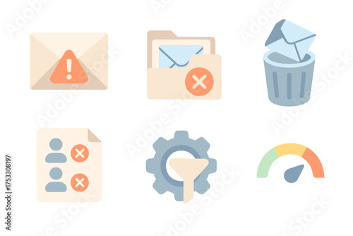 Email Spam Defense Icons. Isometric vector illustration set Spam filter trash email: envelope with warning symbol, junk folder