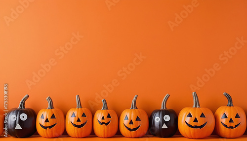 Una fila di Jack-o'-lantern giocattolo nere e arancioni, sorridenti e con faccine intagliate, disposte sul bordo inferiore di uno sfondo arancione brillante.