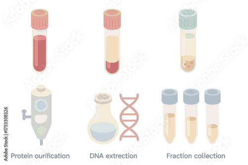 Biological Sample Icons. Isometric vector illustration set Biological sample separation: blood vial before and after spin, plasma