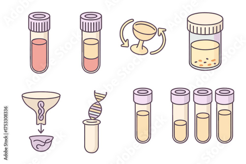 Biological Sample Icons. Isometric vector illustration set Biological sample separation: blood vial before and after spin, plasma