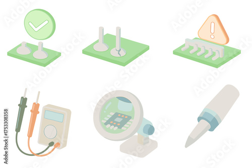 Solder Inspection Icons. Isometric vector illustration set Solder quality and inspection: clean solder joint checkmark, cold