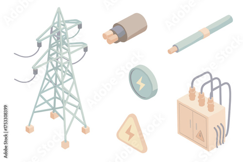 Power Infrastructure Icons. Isometric vector illustration set Power transmission lines: high voltage tower with cables,