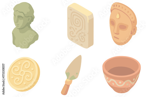Ancient Relic Illustrations. Isometric vector illustration set Ancient relic discoveries: bronze statue fragment, carved stone