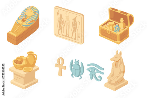 Pharaoh Burial Chamber Icons. Isometric vector illustration set Pharaoh burial chamber: ornate sarcophagus, wall painting with