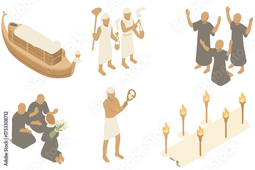 Burial Procession Symbols. Isometric vector illustration set Burial procession symbols: boat carrying coffin, priests holding