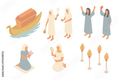 Burial Procession Symbols. Isometric vector illustration set Burial procession symbols: boat carrying coffin, priests holding