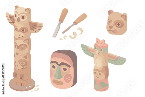 Isometric Totem Pole Carving. Isometric vector illustration set Totem pole carve tradition: tall wooden totem pole, carved animal