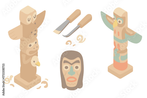 Isometric Totem Pole Carving. Isometric vector illustration set Totem pole carve tradition: tall wooden totem pole, carved animal