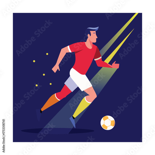 Soccer player running with ball under spotlights Keywords: soccer, football, player, man, sport