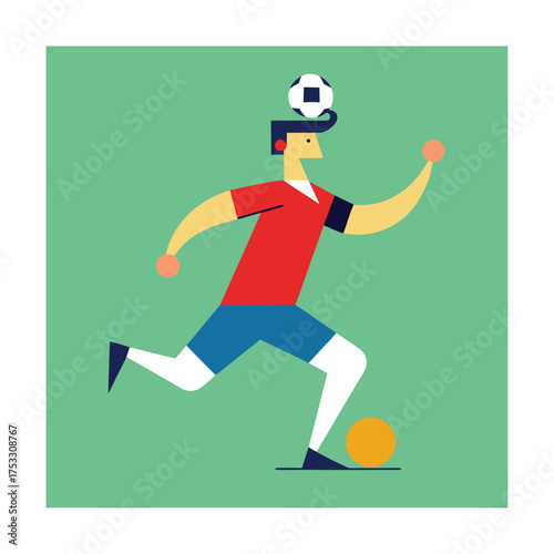 Soccer player with ball on head and at feet football