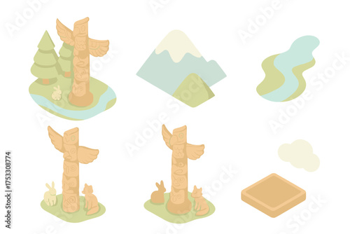 Totem in Nature. Isometric vector illustration set Totem pole in nature: pole standing in forest clearing, mountain backdrop icon,