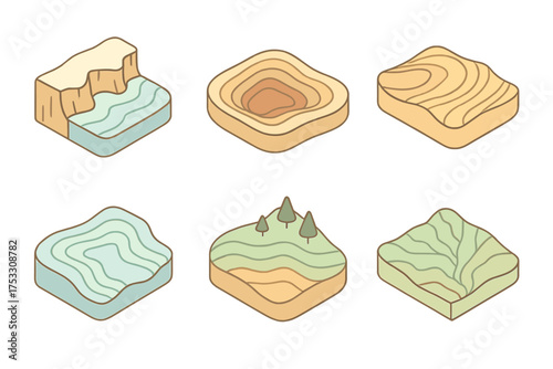 Topographic Landscape Illustration. Isometric vector illustration set topographic map contour elevation: coastal cliffs contour