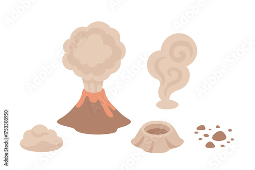 Volcanic Eruption Icons. Isometric vector illustration set volcanic ash eruption plume: active volcano eruption, thick ash plume