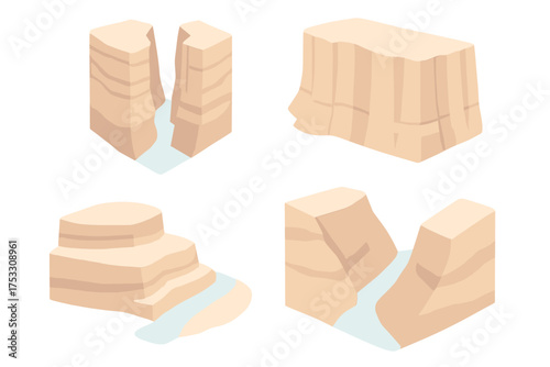 Canyon Erosion Vista. Isometric vector illustration set canyon erosion river deep: narrow gorge with river, canyon cliff edges,