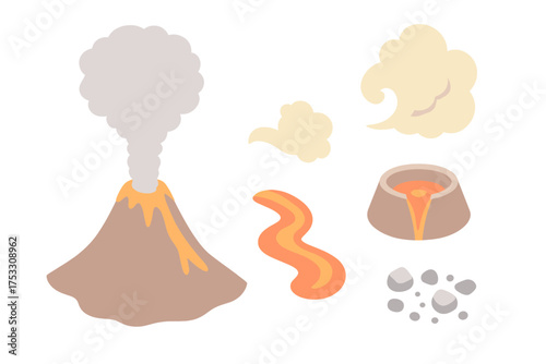 Volcanic Eruption Icons. Isometric vector illustration set volcanic ash eruption plume: active volcano eruption, thick ash plume