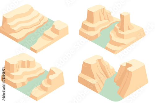 Desert Canyon Beauty. Isometric vector illustration set canyon erosion river deep: desert canyon formations, flowing river cutting
