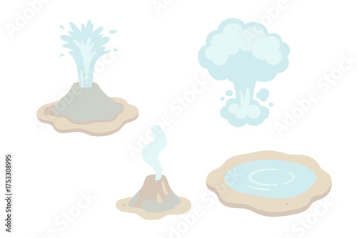 Geothermal Eruption Scene. Isometric vector illustration set geyser hot water erupt: geothermal eruption scene, cone vent geyser,