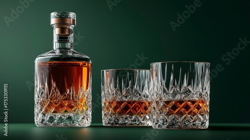 Elegant Crystal Glasses with Single Malt Whisky on a Dark Green Background