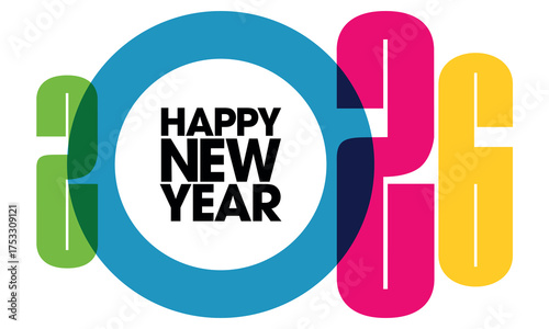 2026 - Bannière au graphisme moderne et coloré pour fêter le nouvel an avec un texte en plusieurs langues - français, anglais, espagnol - traduction : bonne nouvelle année.