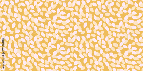 Seamless vector pattern with abstract organic leaves in white and beige on a warm mustard background. Perfect for textiles, wallpapers, packaging, wrapping paper, stationery, branding