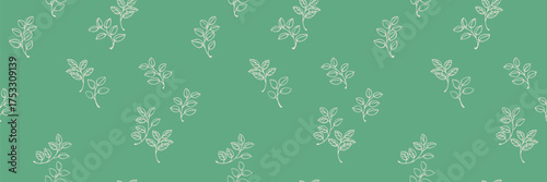 Seamless vector pattern with delicate white branches and leaves on a soft green background. Minimal and organic design, for eco packaging, fabric, wallpaper, and stationery projects