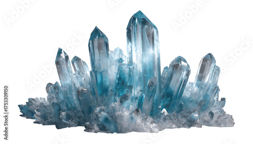 Cluster of Blue Aquamarine Crystal Geode Formation Isolated on watercolor illutrastion transparent background