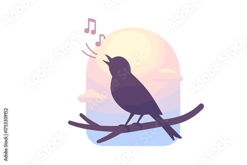 Morning Songbird Silhouette. Isometric vector illustration set songbird melody chirp dawn: dawn bird silhouette, open beak with