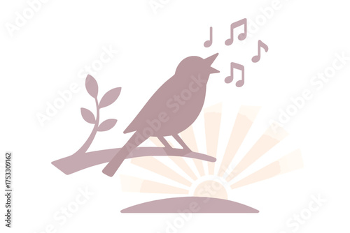 Morning Songbird Symphony. Isometric vector illustration set songbird melody chirp dawn: singing bird silhouette, dawn light rays,