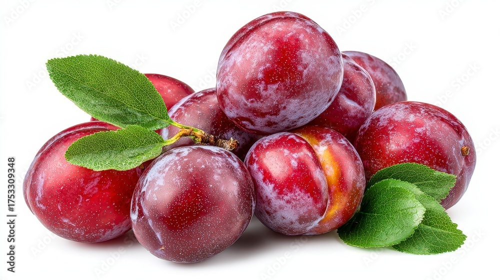 Obraz premium Fresh Ripe Chinese Plums Isolated on White Background with Green Leaves for Food and Healthy Lifestyle Concepts