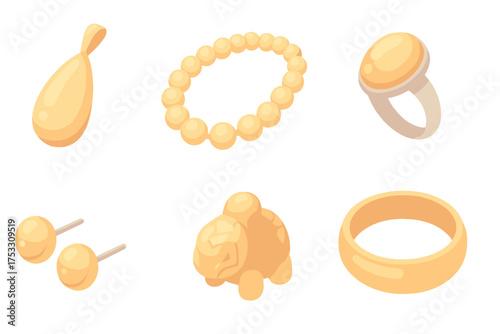 Amber Jewelry Designs. Isometric vector illustration set Amber jewelry designs: polished amber pendant, amber bead necklace strand
