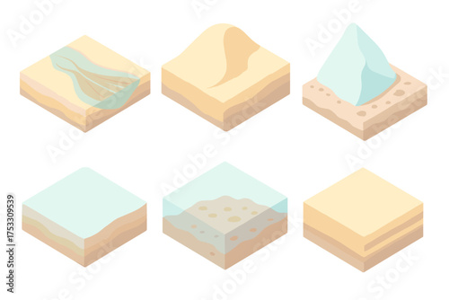 Sediment Layer Icons. Isometric vector illustration set Sediment deposition environments: river delta sediment fan, desert dune