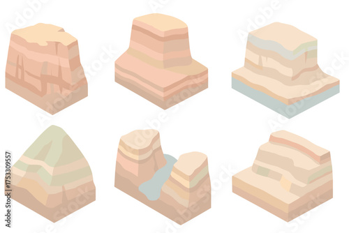 Isometric Geology Landscapes. Isometric vector illustration set Landscapes showing strata: canyon cliff cross-section, desert mesa