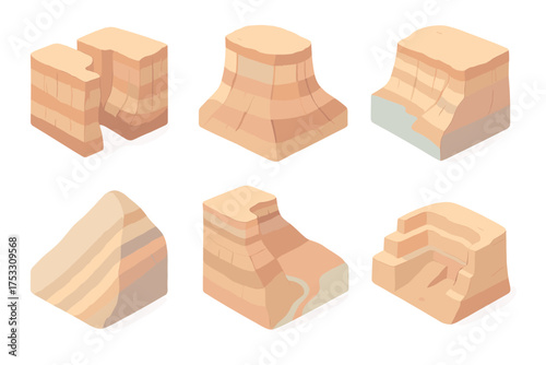 Isometric Geology Landscapes. Isometric vector illustration set Landscapes showing strata: canyon cliff cross-section, desert mesa