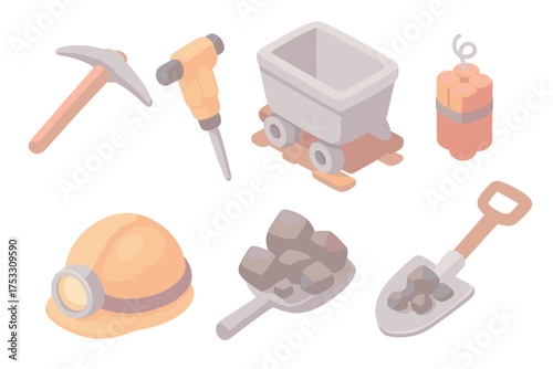 Mining Tools Icons. Isometric vector illustration set Ore extraction tools: mining pickaxe, pneumatic drill hammer, ore cart on