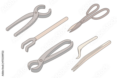 Bonsai Pruning Tools. Isometric vector illustration set Bonsai pruning tools: concave cutter, trimming scissors, root rake, knob