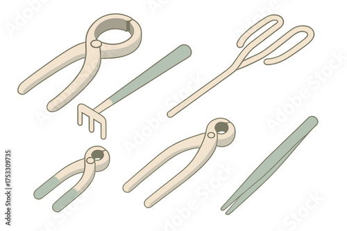Bonsai Pruning Tools. Isometric vector illustration set Bonsai pruning tools: concave cutter, trimming scissors, root rake, knob