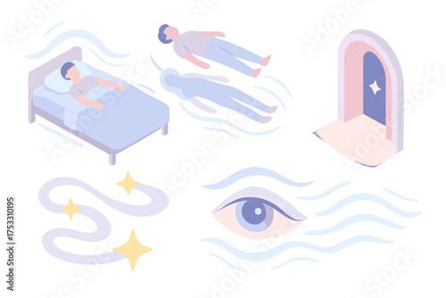 Lucid Dreaming Icons. Isometric vector illustration set Lucid Dreaming: person sleeping in bed, floating above body, glowing star