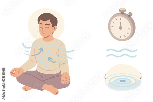 Mindful Breathing Icons. Isometric vector illustration set Mindful Breathing: person sitting cross-legged, inhale exhale arrows