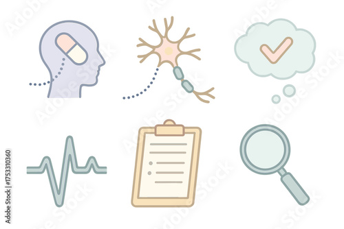 Placebo Effects Illustration. Isometric vector illustration set Psychology of Placebo: brain silhouette with pill symbol, dotted