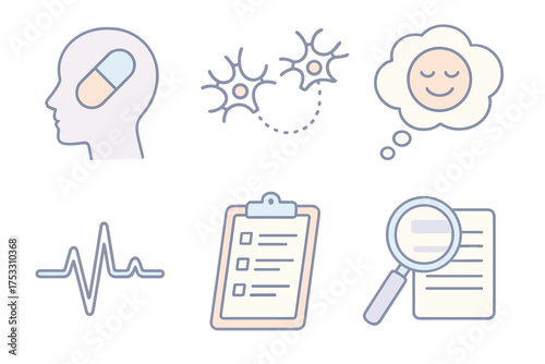 Placebo Effects Illustration. Isometric vector illustration set Psychology of Placebo: brain silhouette with pill symbol, dotted