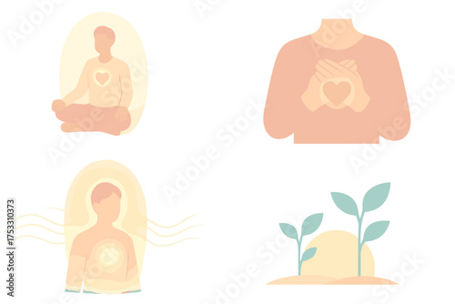Self-Healing Meditation Scene. Isometric vector illustration set Self-Healing Power: person meditating glowing, hands over heart