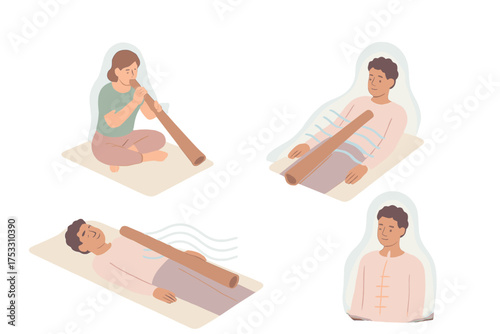 Didgeridoo Sound Healing. Isometric vector illustration set Sound Healing with Didgeridoo: person lying down relaxing, didgeridoo